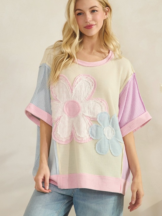 Sage + Fig Tops - 💕 PLUS Sage + Fig Pastel Floral Waffle-Knit Short Sleeve Shirt